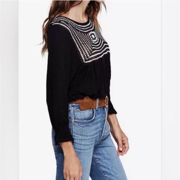 Free People Soul Mate Crochet Black Combo Waffle Knit Long Sleeve Top - Picture 2 of 12